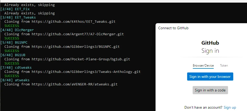 A PowerShell window cloning mods one after another (EET, EET_Fix, EET_Tweaks, DlcMerger, BG1NPC, BG1UB, cdtweaks, atweaks), each reporting SUCCESS, with a GitHub sign-in prompt overlaid.