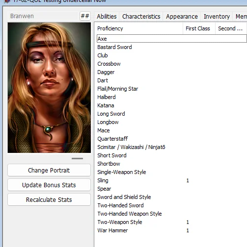 EEKeeper showing Branwen after the fix, with one pip each in Sling, Two-Weapon Style and War Hammer.