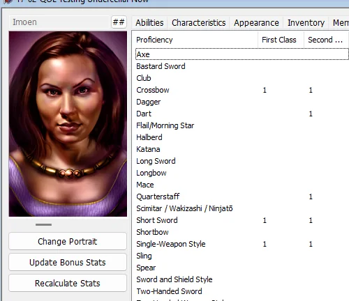 EEKeeper's proficiency panel for Imoen showing First Class and Second Class columns side by side, with pips in Crossbow, Dart, Quarterstaff, Short Sword and Single-Weapon Style spread across both.