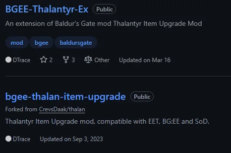 GitHub search results showing two Thalantyr Item Upgrade repositories, one an extension mod and one a fork, with last-updated dates.