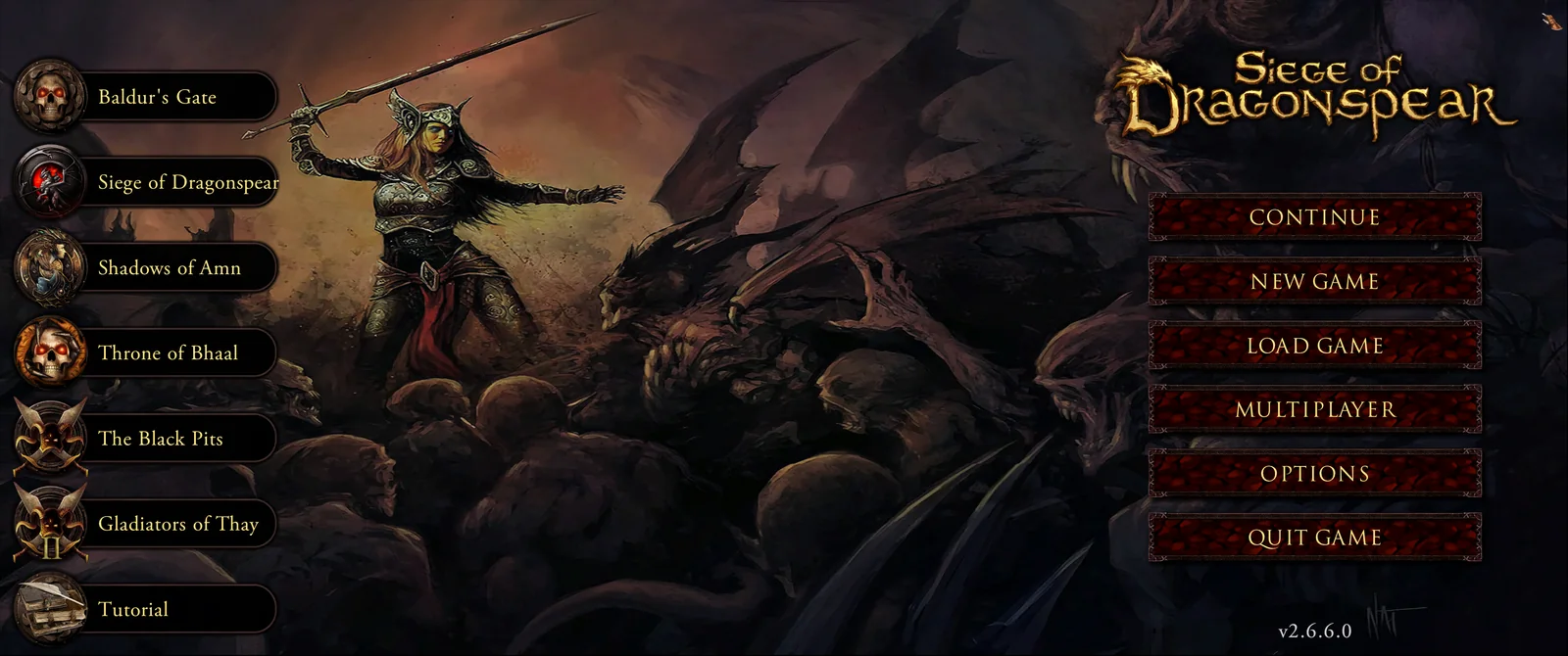 The EET main menu on version 2.6.6, with a campaign rail down the left listing Baldur's Gate, Siege of Dragonspear, Shadows of Amn, Throne of Bhaal, The Black Pits, Gladiators of Thay and Tutorial.