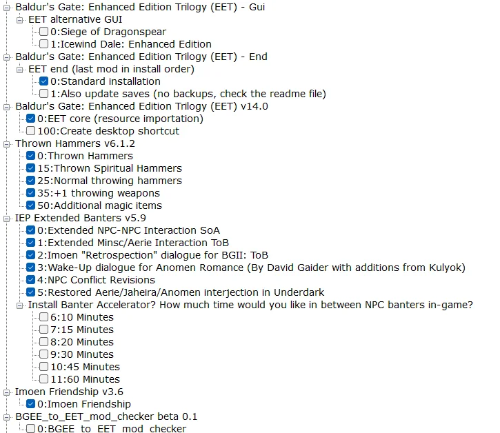 Project Infinity's component checkbox tree for aTweaks v4.53, showing dozens of numbered options like 'Restore innate infravision to Half-Orc characters' and 'PnP Undead', most of them ticked.