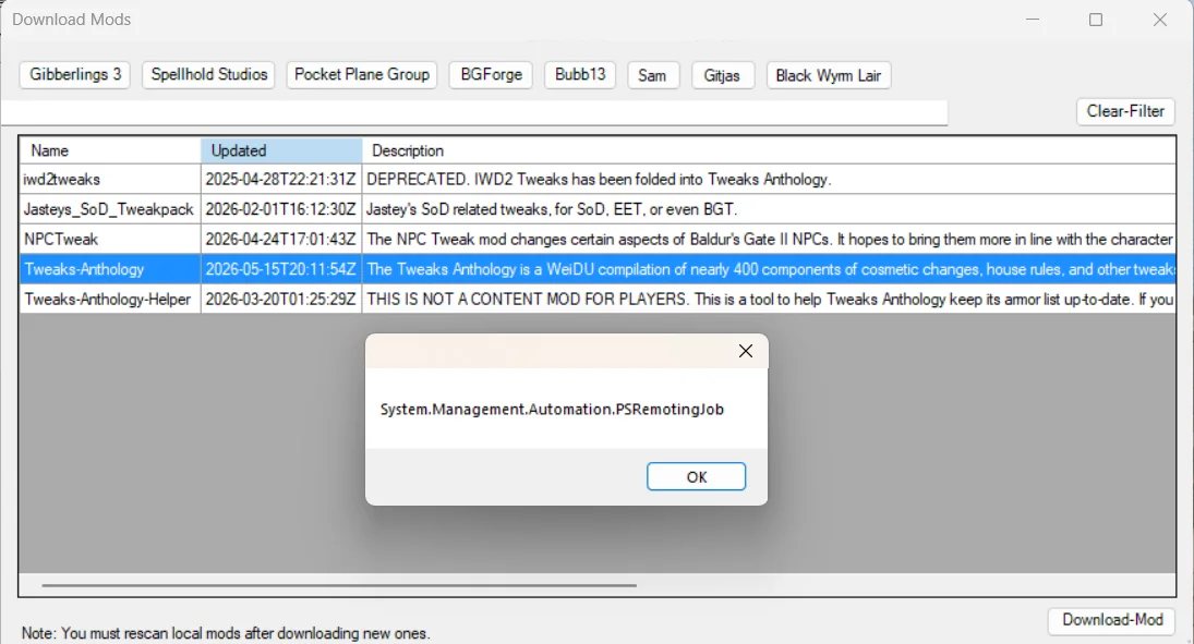 Project Infinity's Download Mods window listing Tweaks Anthology and related mods, with an error dialog on top reading 'System.Management.Automation.PSRemotingJob'.