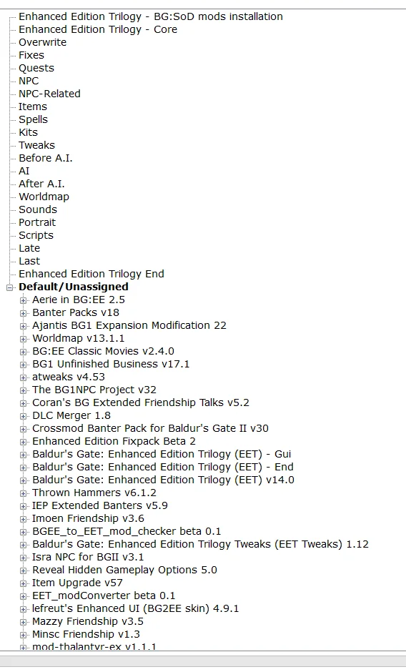 Project Infinity's install-order tree showing EET category headers (Overwrite, Fixes, Quests, NPC, Items, Spells, Kits, Tweaks, Before A.I., AI, After A.I., Worldmap, Sounds, Portrait, Scripts, Late, Last) above a Default/Unassigned list of thirty-odd mods awaiting placement.