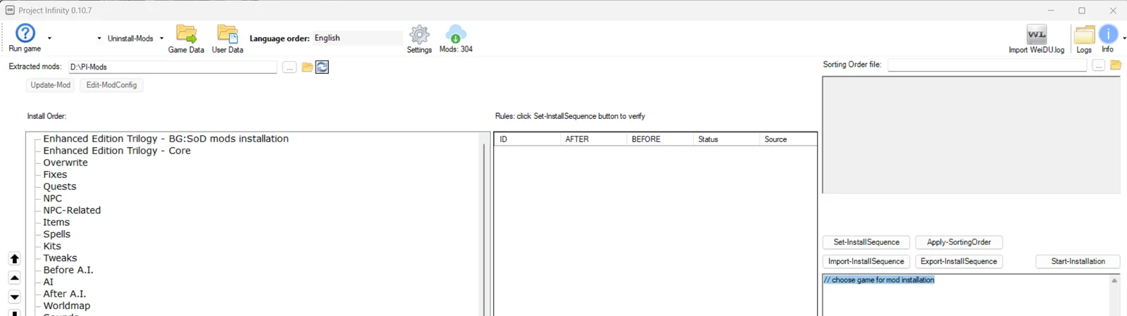 Project Infinity 0.10.7 main window, showing the install-order column on the left with EET category headers, an empty rules panel in the middle, and the installation-sequence controls on the right.