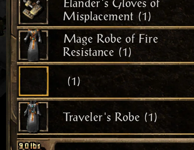An in-game inventory panel where one item slot shows only '(1)' with a blank icon and no name at all, sitting between a Mage Robe of Fire Resistance and a Traveler's Robe.